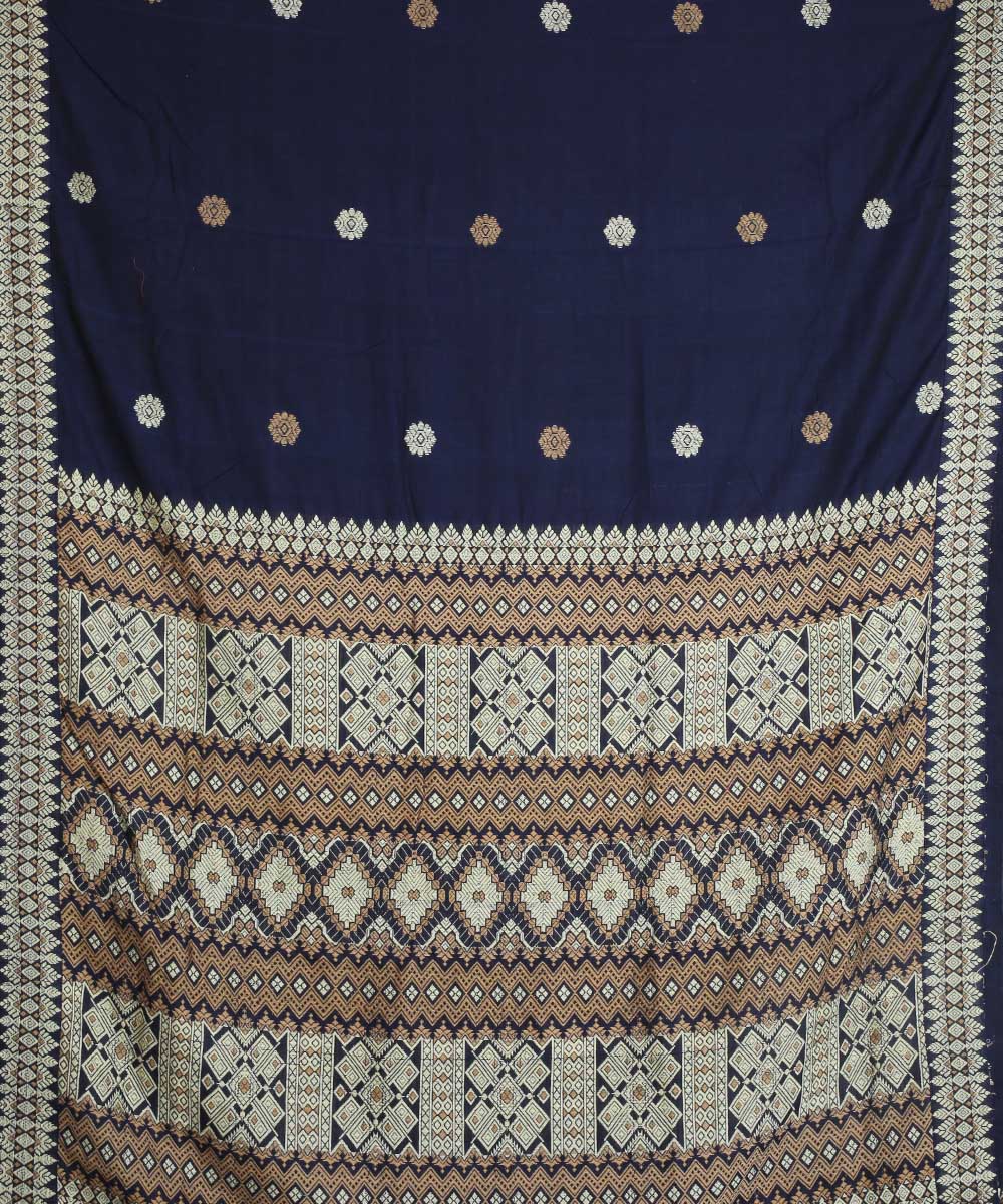 Navy blue white cotton handloom assam saree