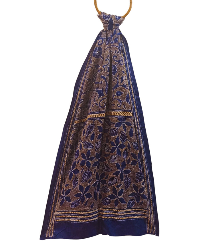 Navy bluemulticolor thread silk kantha stitch handwoven stole