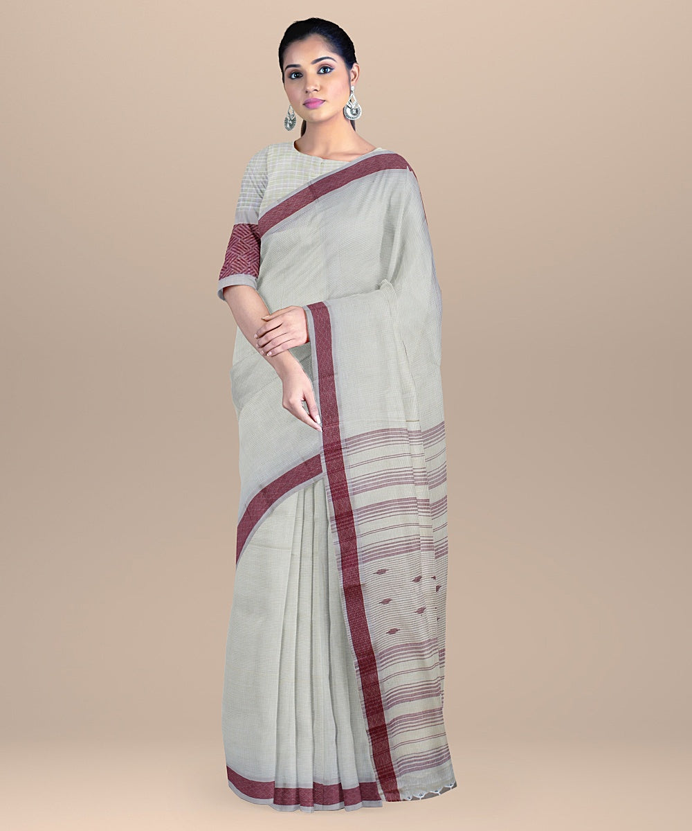 Grey maroon handloom cotton bengal saree