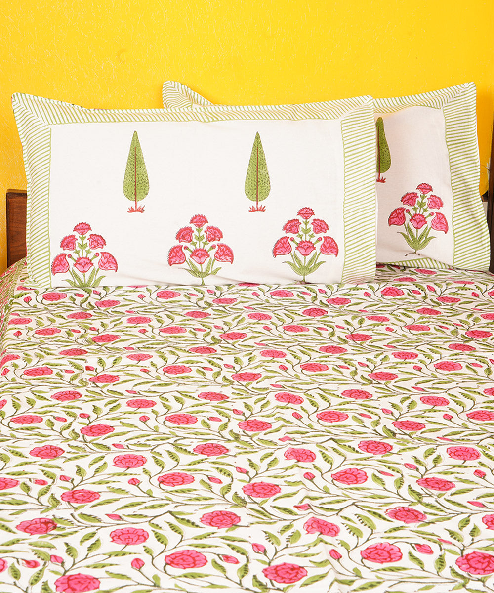 White pink hand printed block print cotton double bedsheet