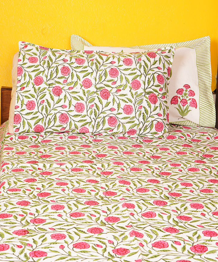 White pink hand printed block print cotton double bedsheet