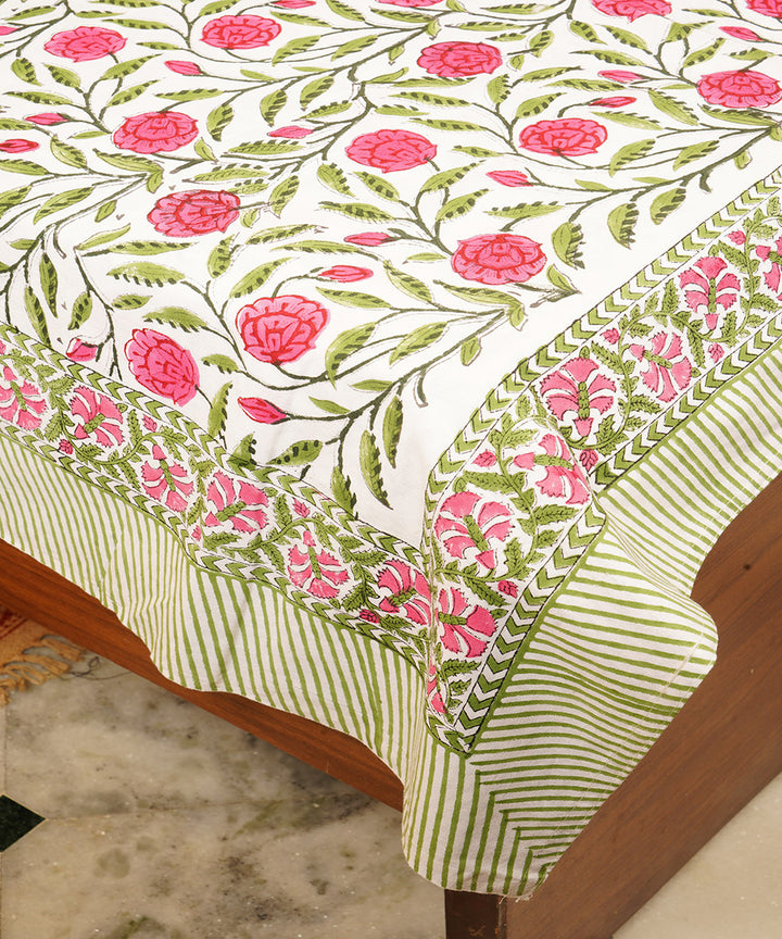 White pink hand printed block print cotton double bedsheet