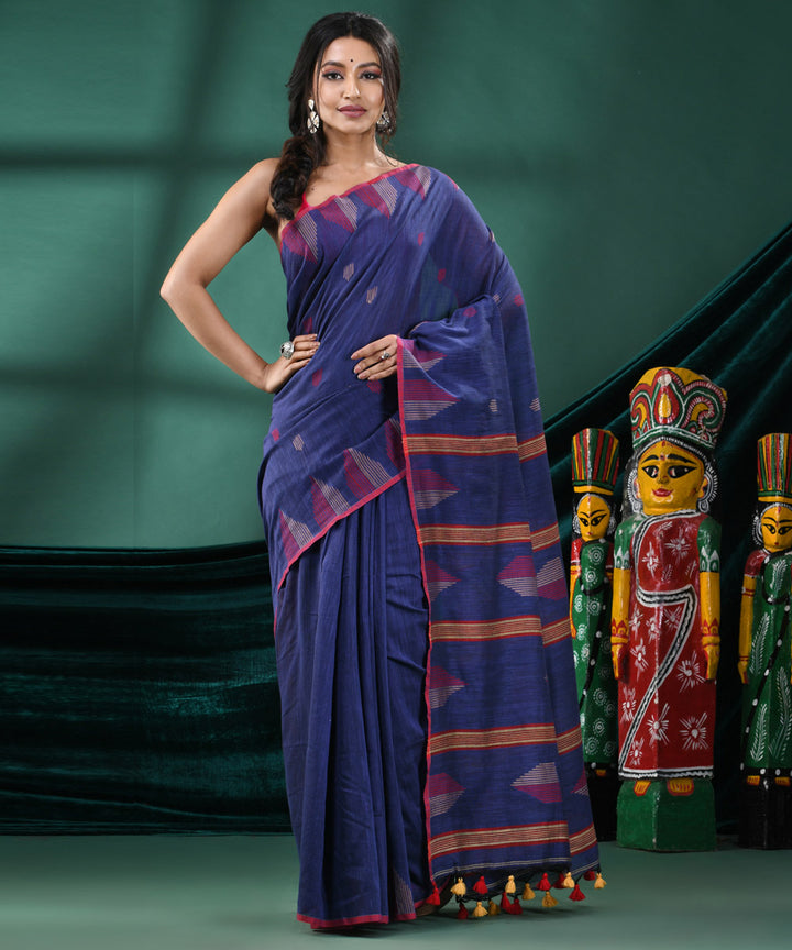 Navy blue red handloom cotton bengal saree