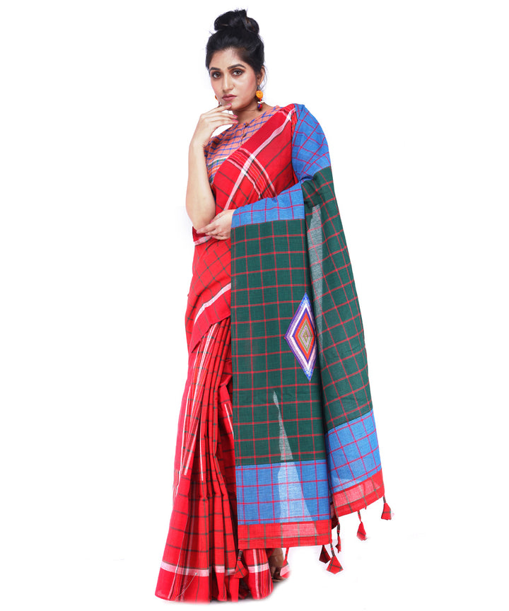 Red checks cotton handloom gamcha saree