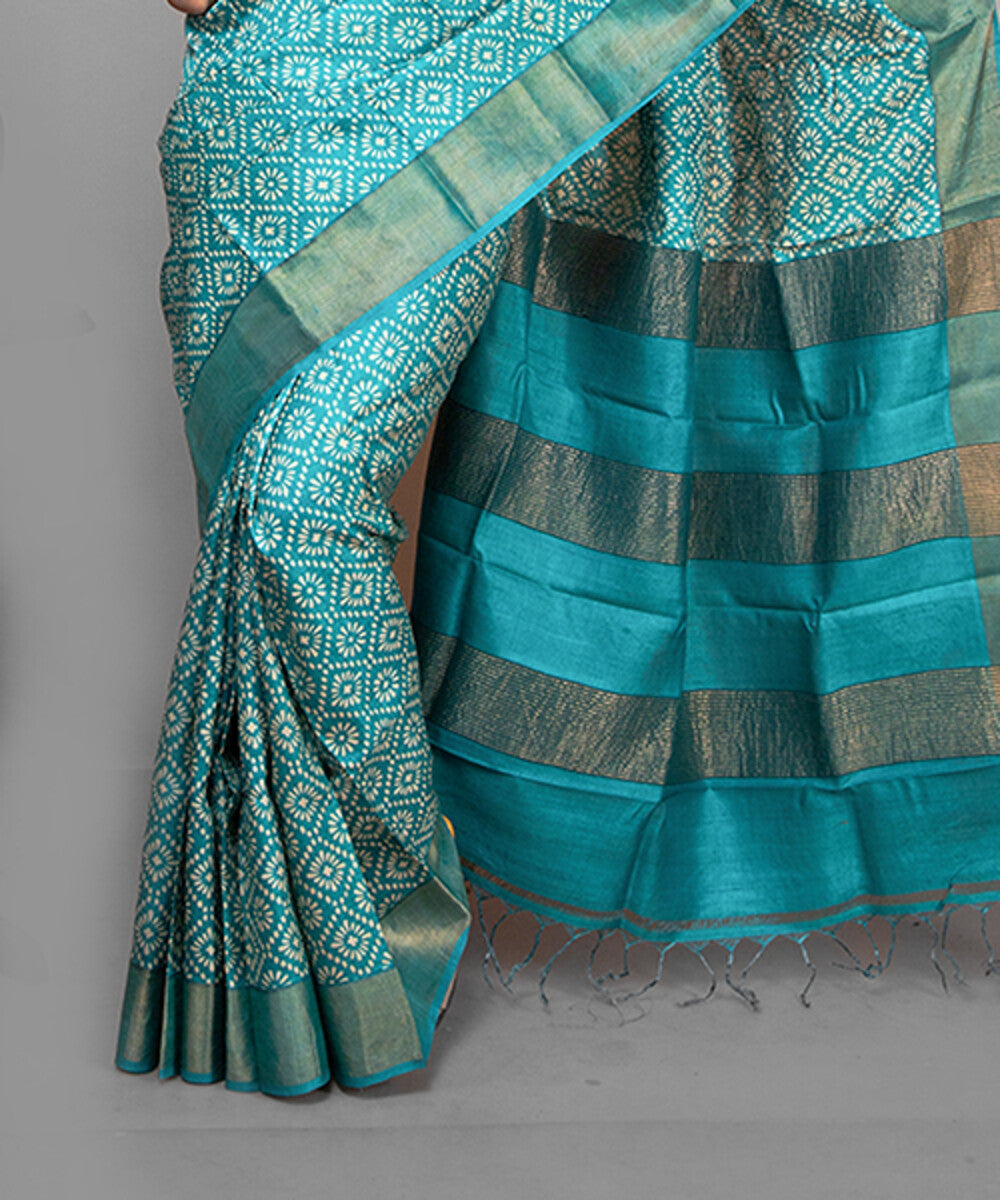Firoza zari border tussar silk hand block printed saree