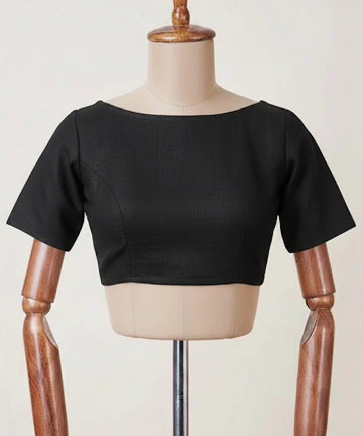 Black cotton princess cut boat neck back zip opening blouse