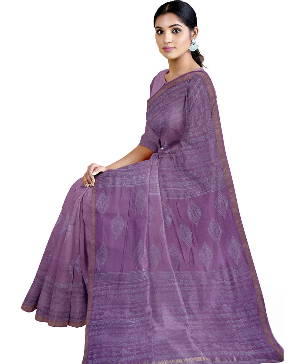 Purple white cotton hand printed chanderi saree