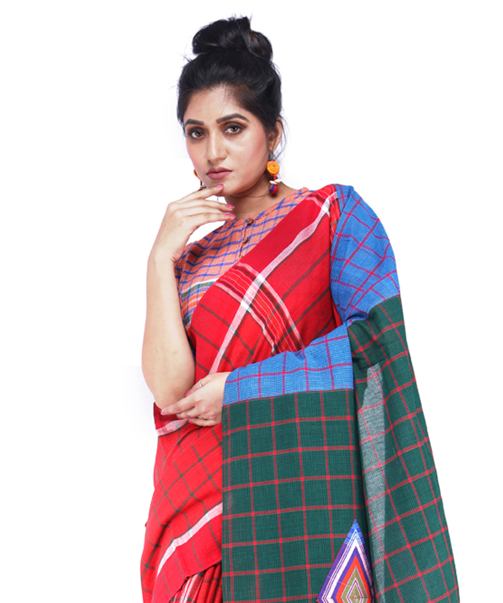 Red checks cotton handloom gamcha saree