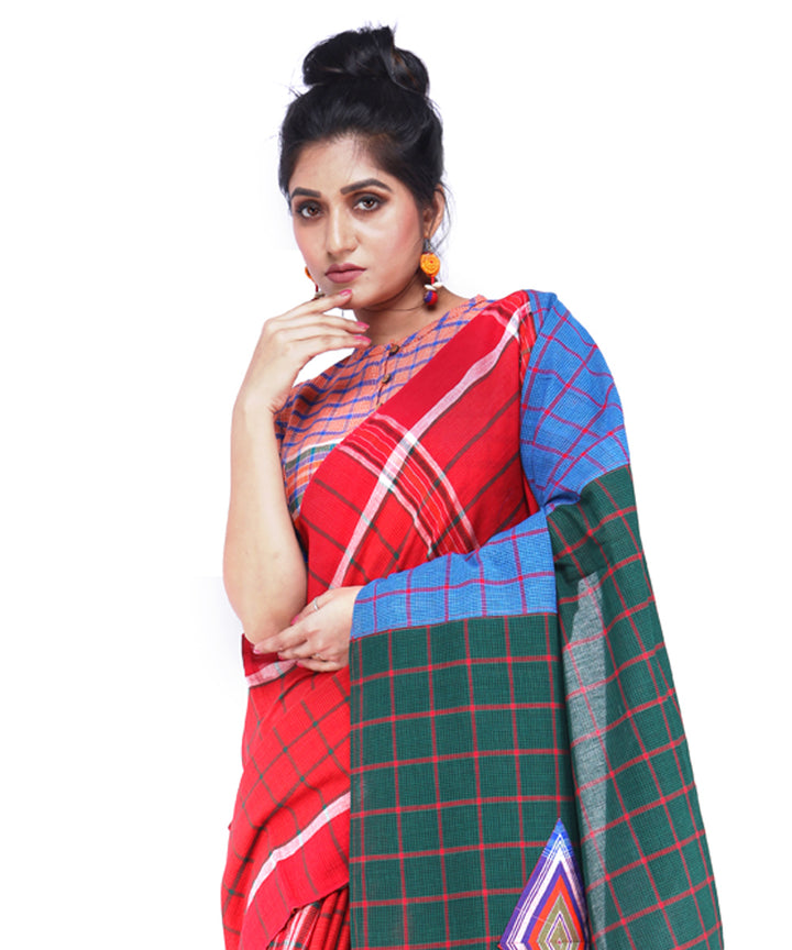 Red checks cotton handloom gamcha saree