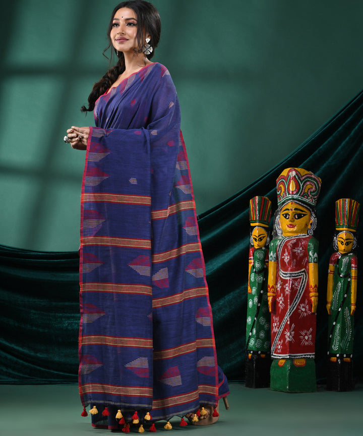 Navy blue red handloom cotton bengal saree