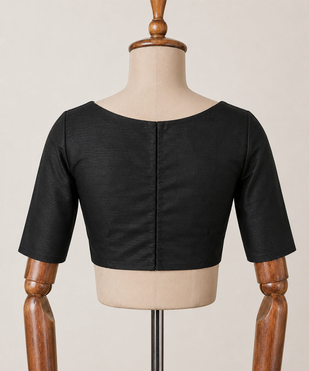 Black cotton princess cut boat neck back zip opening blouse