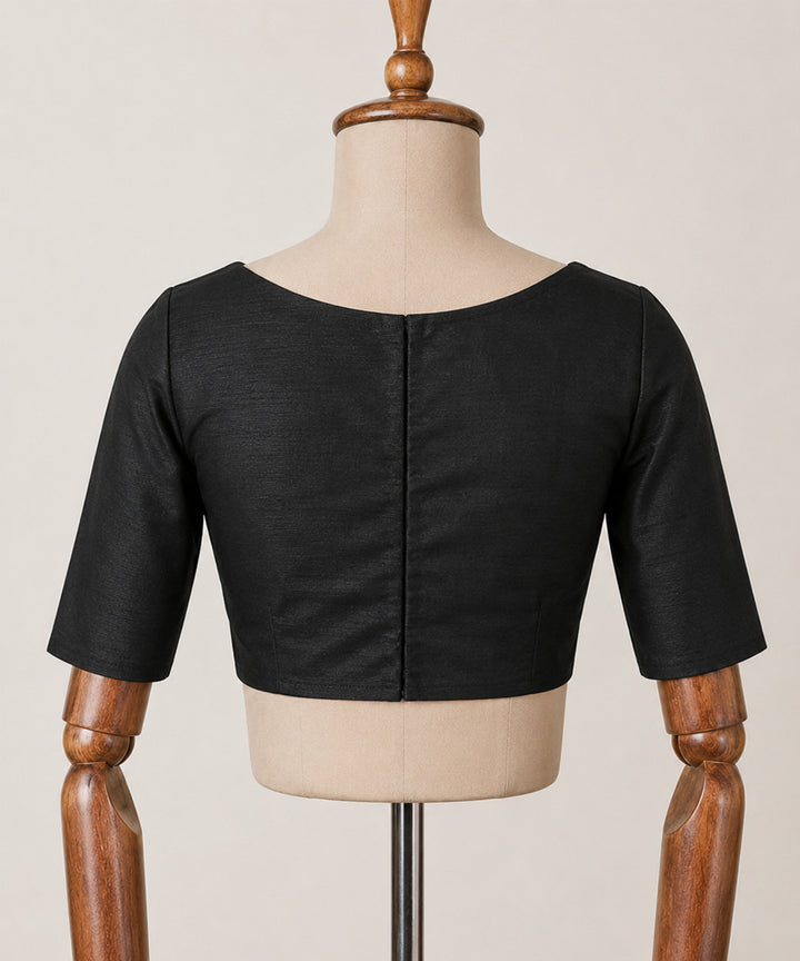 Black cotton princess cut boat neck back zip opening blouse