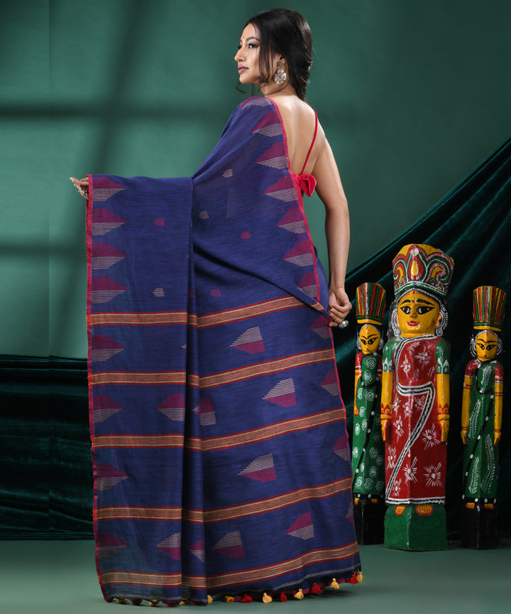 Navy blue red handloom cotton bengal saree