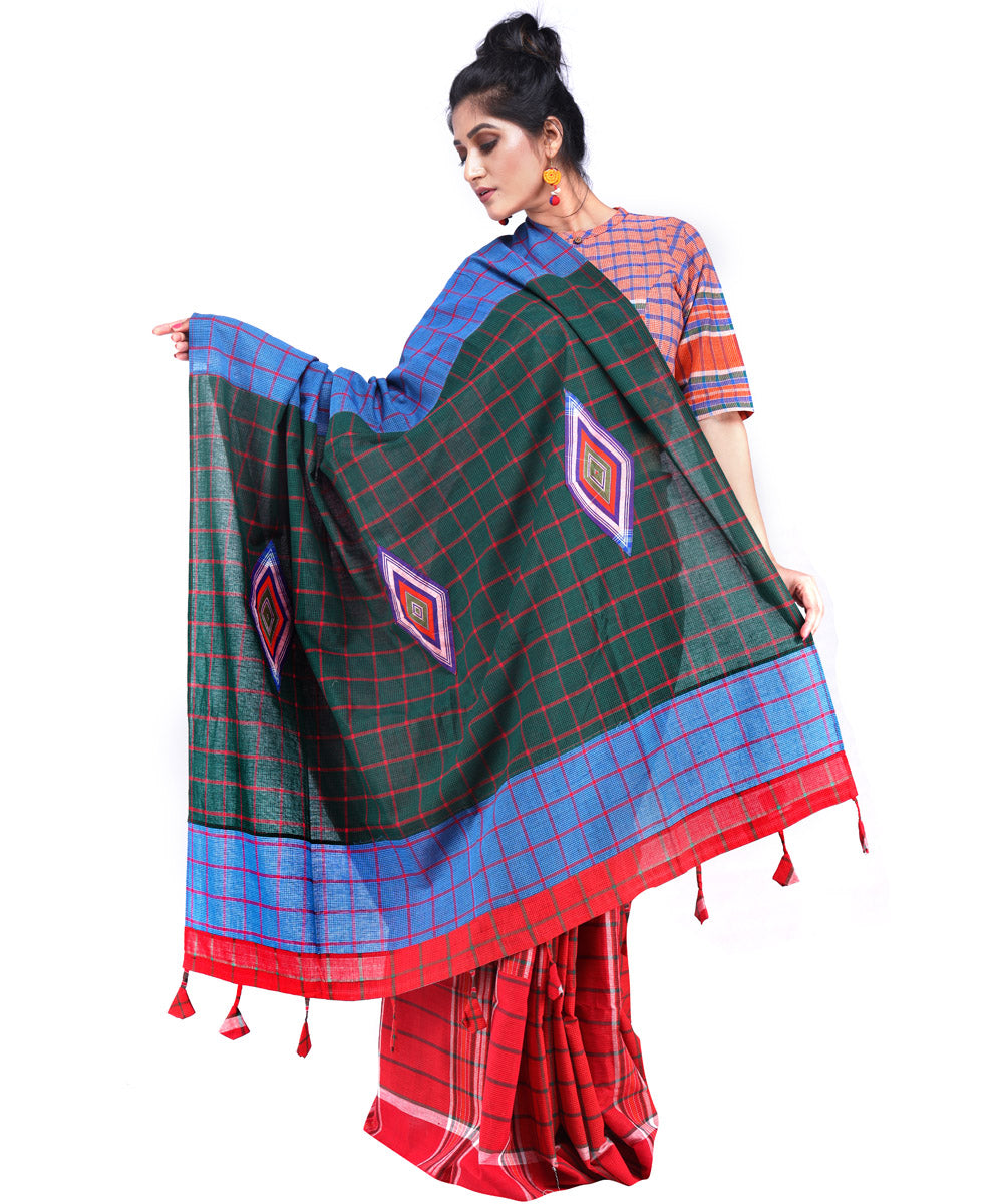 Red checks cotton handloom gamcha saree