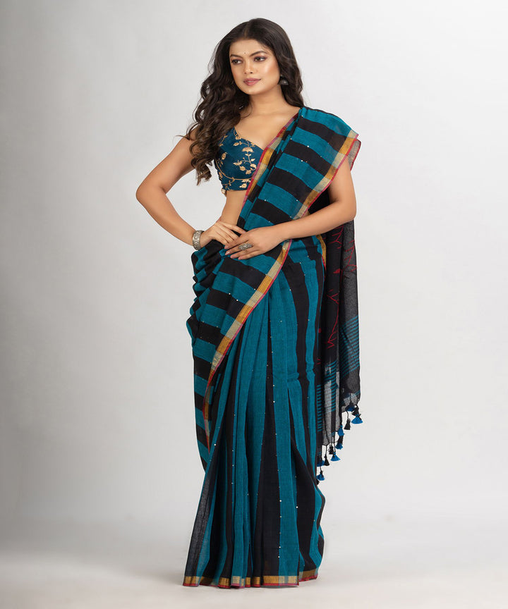 Black teal handwoven cotton stripes bengal saree