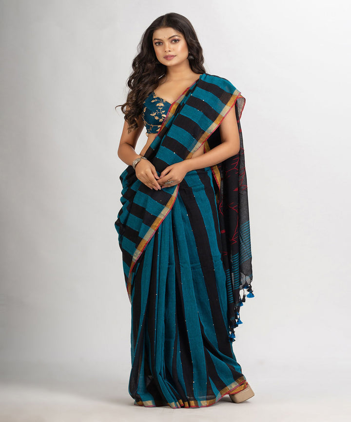 Black teal handwoven cotton stripes bengal saree