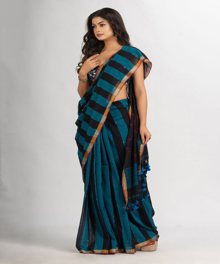 Black teal handwoven cotton stripes bengal saree