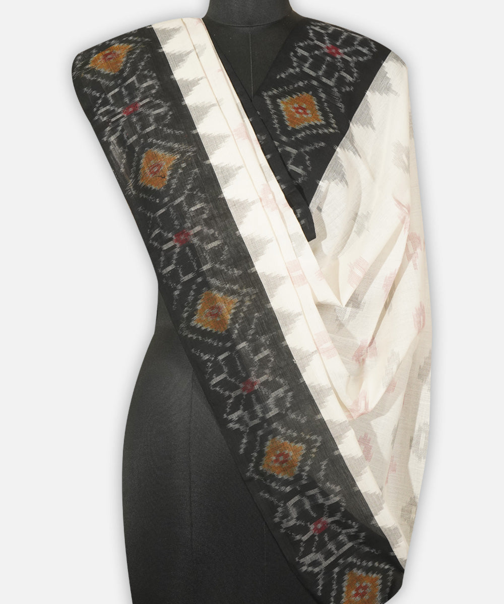 White black handwoven cotton pochampally ikat dupatta