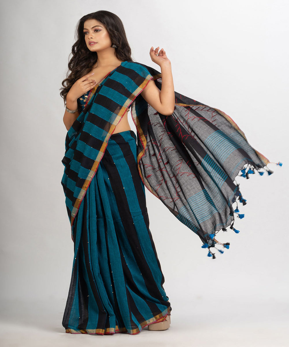 Black teal handwoven cotton stripes bengal saree