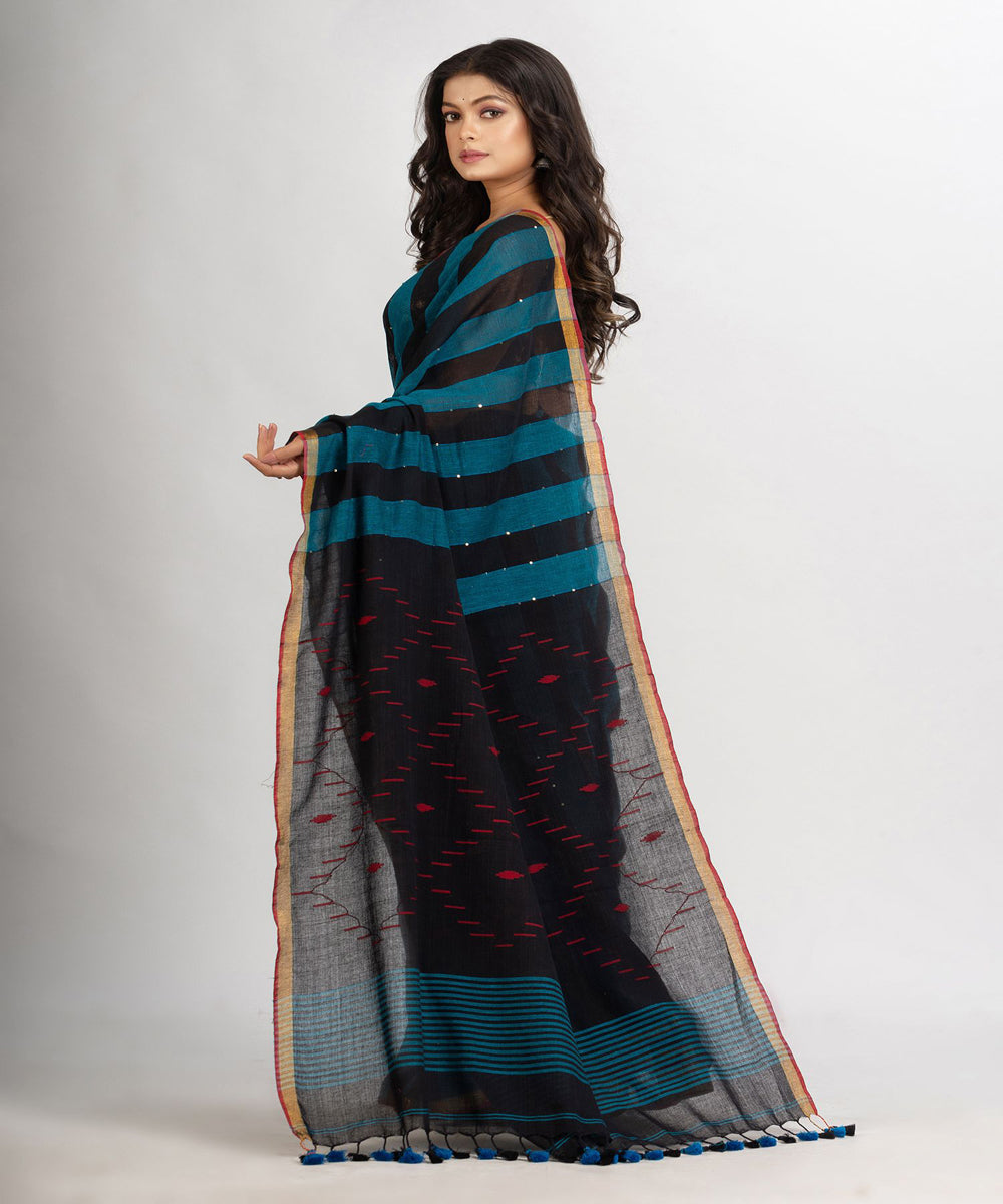 Black teal handwoven cotton stripes bengal saree