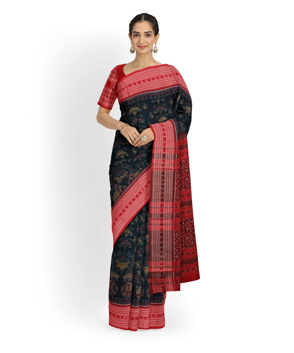 Teal green red cotton handloom sambalpuri saree