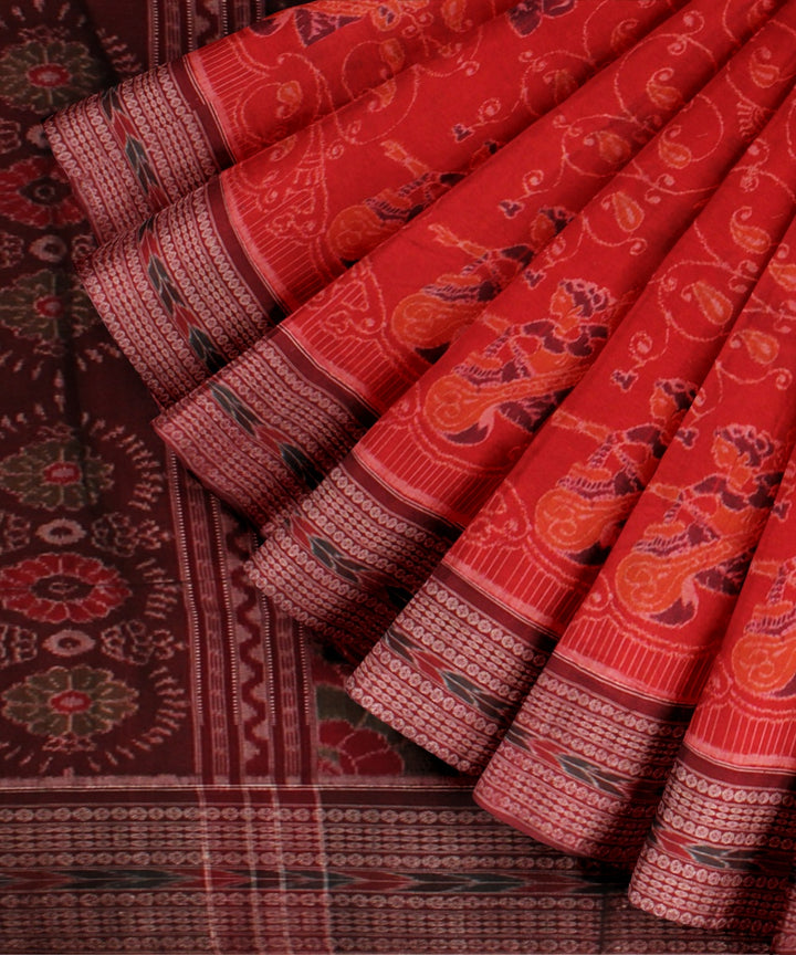 Orange maroon cotton handloom sambalpuri saree