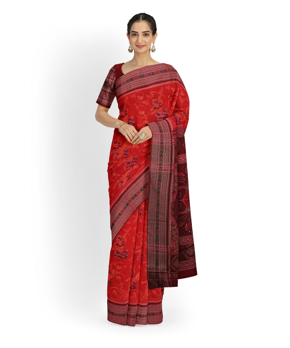 Orange maroon cotton handloom sambalpuri saree