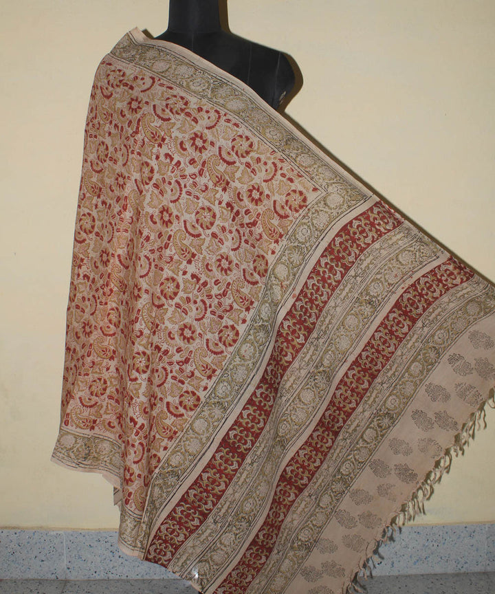 Beige red cotton hand printed kalamkari dupatta