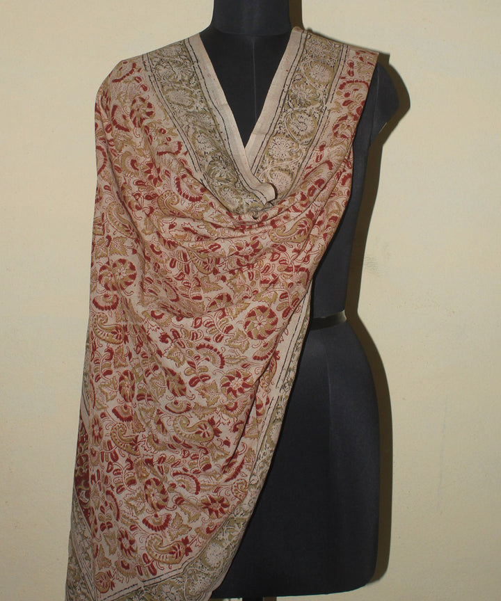 Beige red cotton hand printed kalamkari dupatta