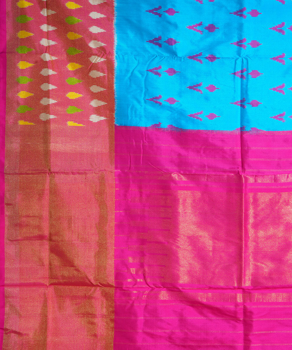 Cyan blue pink handwoven pochampally ikat silk saree