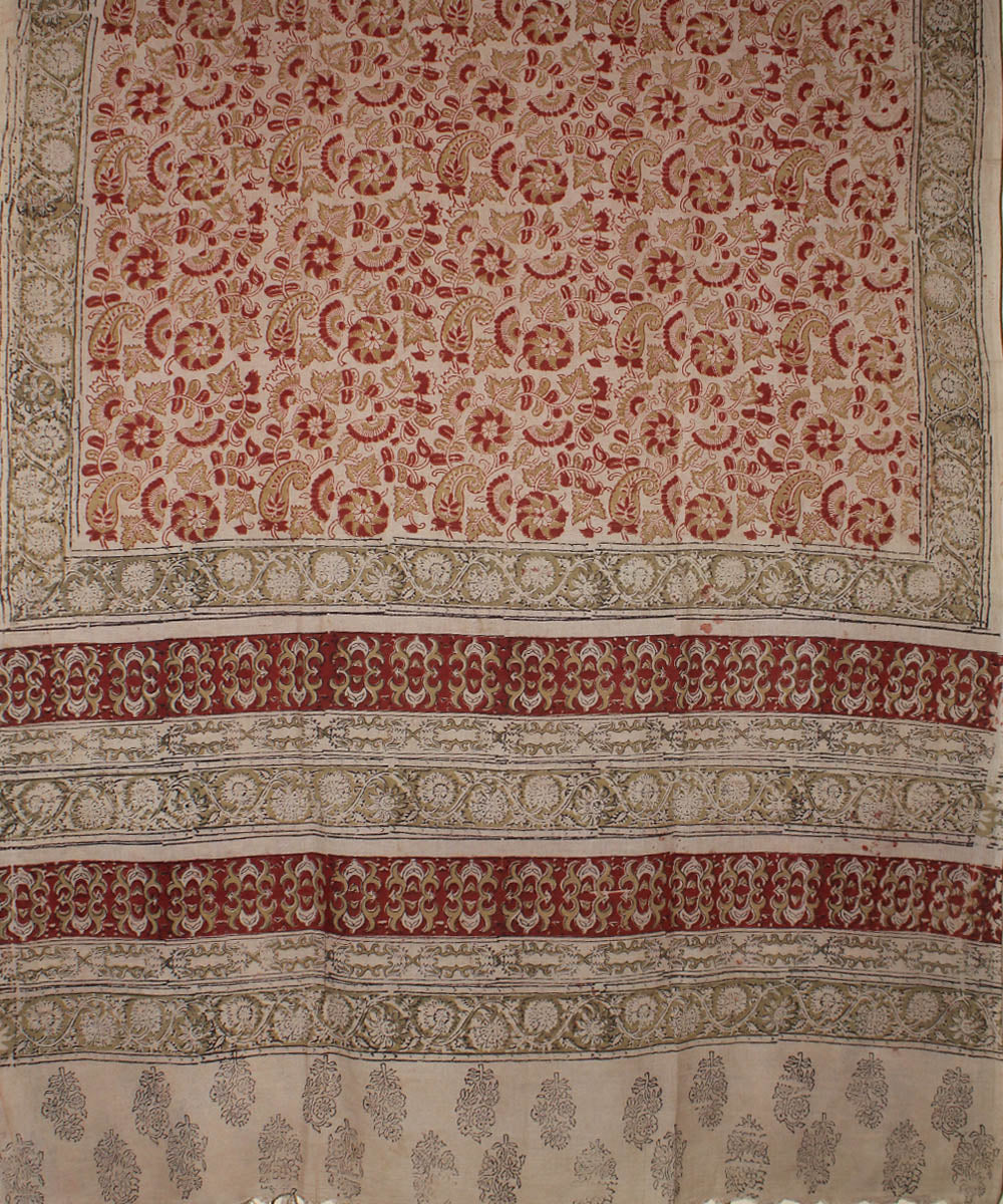 Beige red cotton hand printed kalamkari dupatta