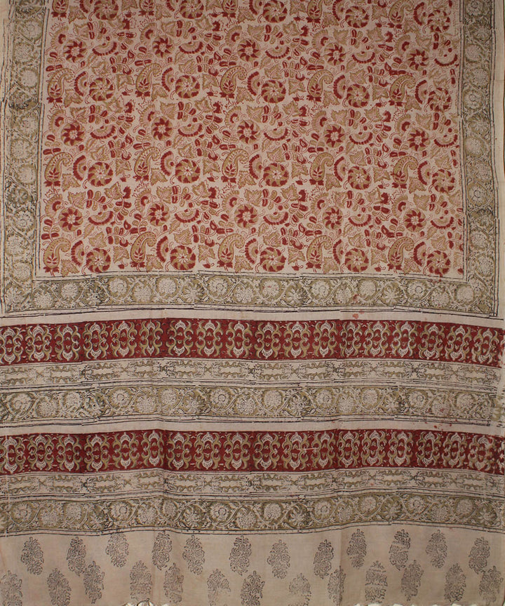 Beige red cotton hand printed kalamkari dupatta