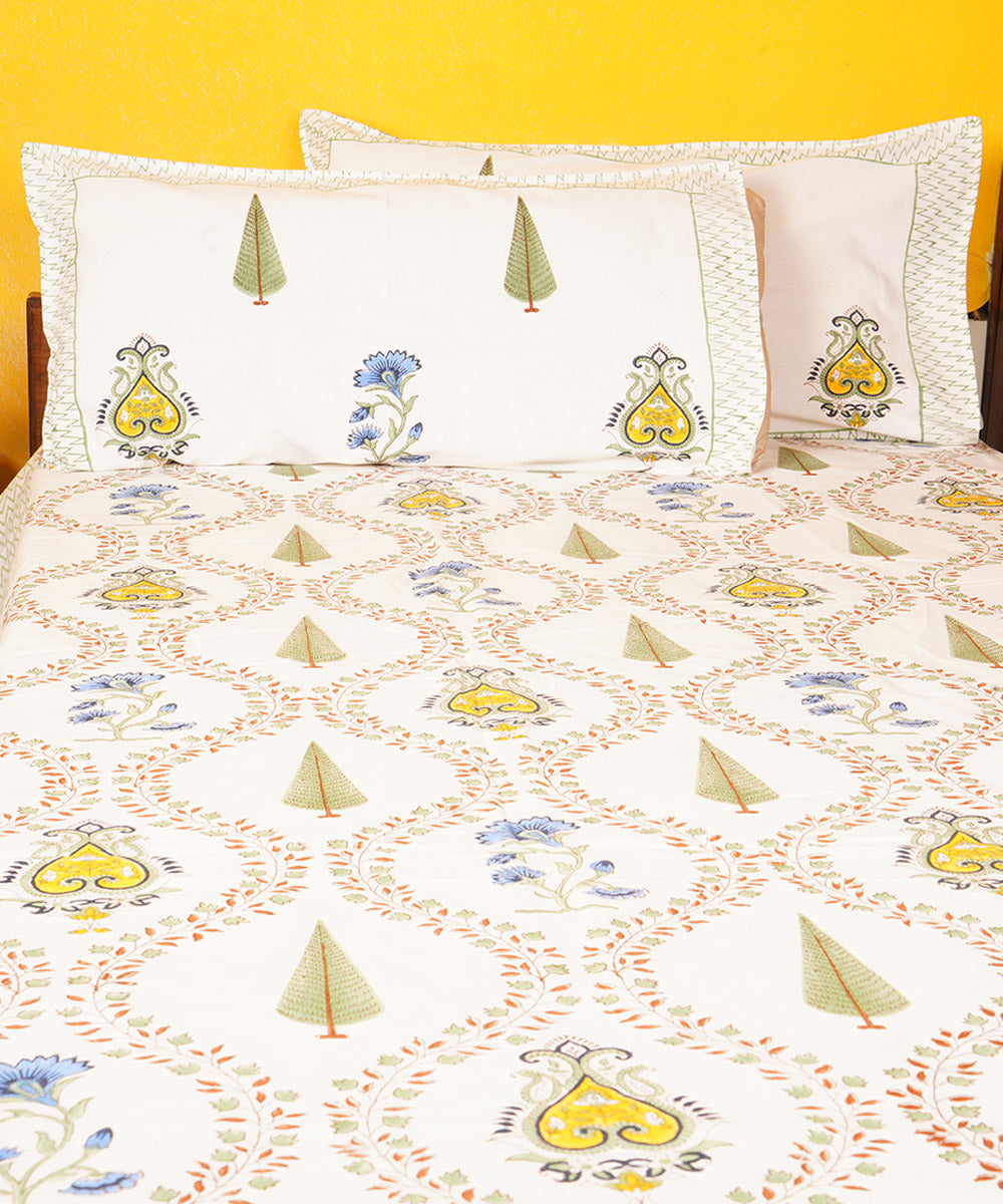 White blue cotton hand printed block print double bedsheet