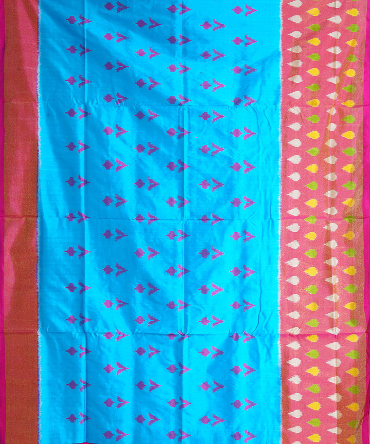 Cyan blue pink handwoven pochampally ikat silk saree