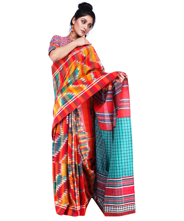 Multicolor cyan blue cotton handloom gamcha saree