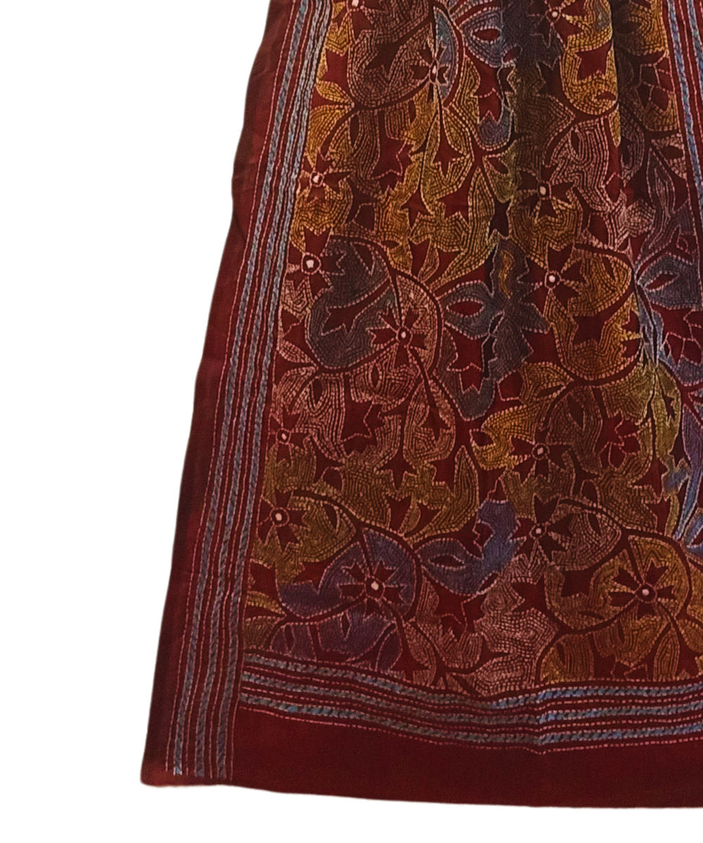 Maroon multicolor thread handwoven kantha stitch silk stole