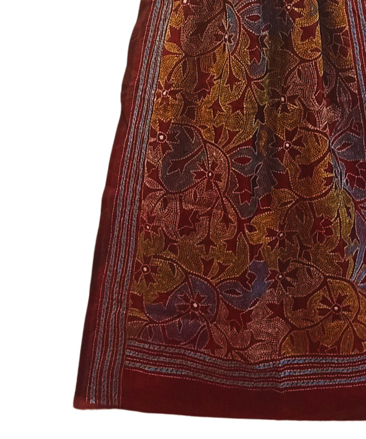 Maroon multicolor thread handwoven kantha stitch silk stole