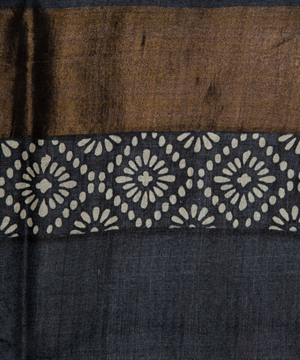 Black white pure zari tussar silk hand block printed saree