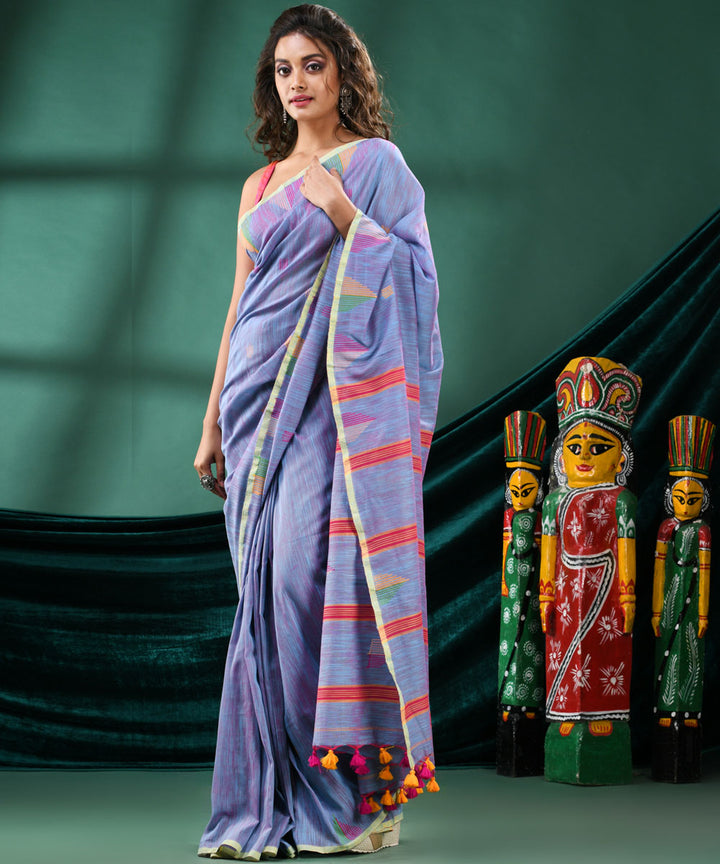 Sky blue red handloom cotton bengal saree