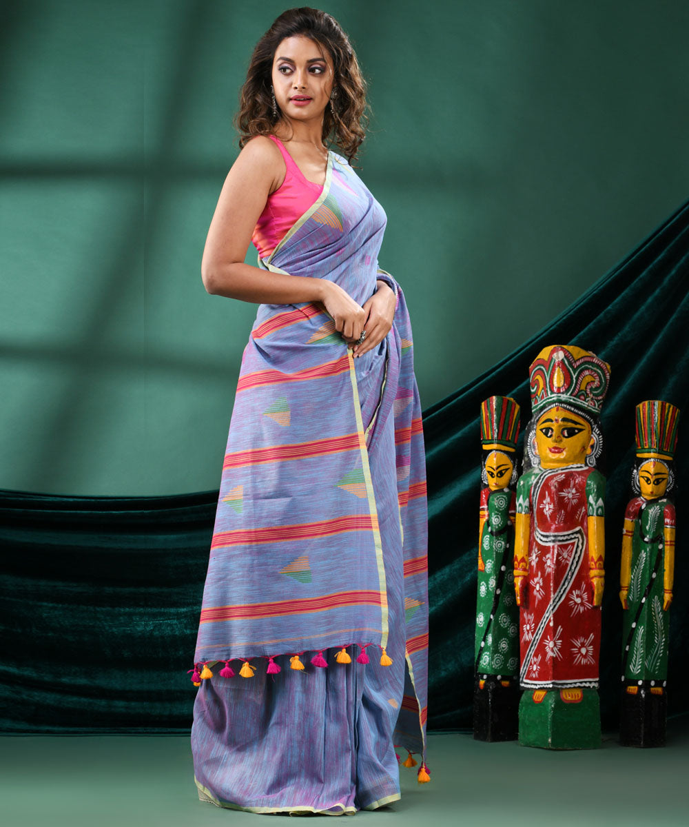 Sky blue red handloom cotton bengal saree
