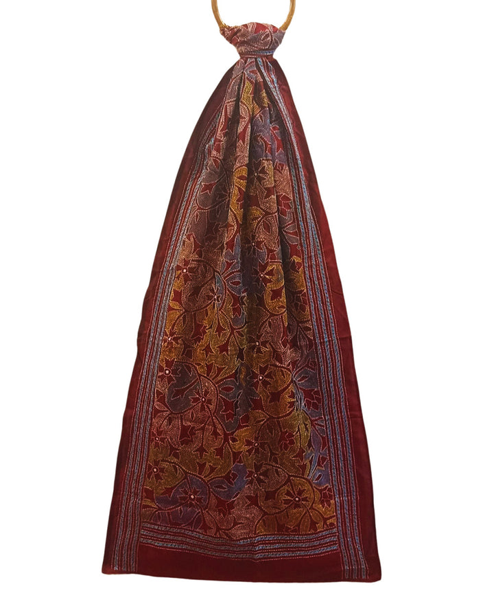 Maroon multicolor thread handwoven kantha stitch silk stole