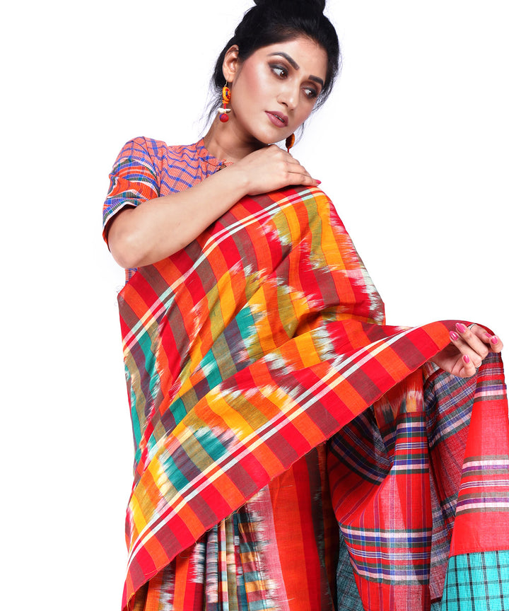 Multicolor cyan blue cotton handloom gamcha saree