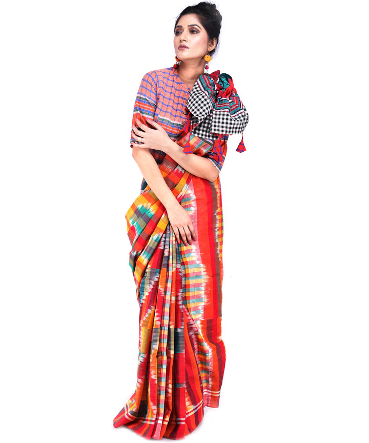 Multicolor cyan blue cotton handloom gamcha saree