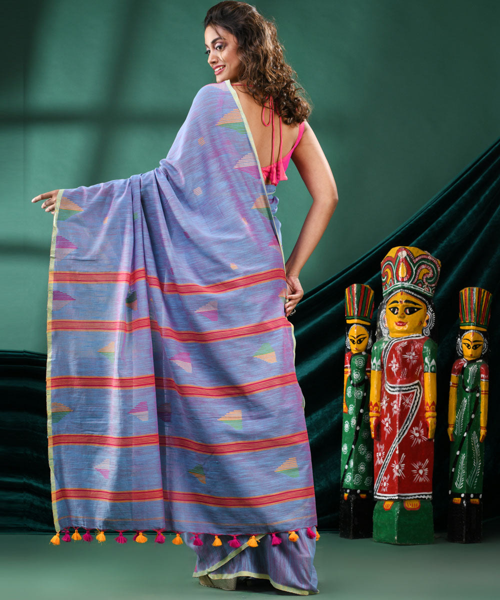 Sky blue red handloom cotton bengal saree