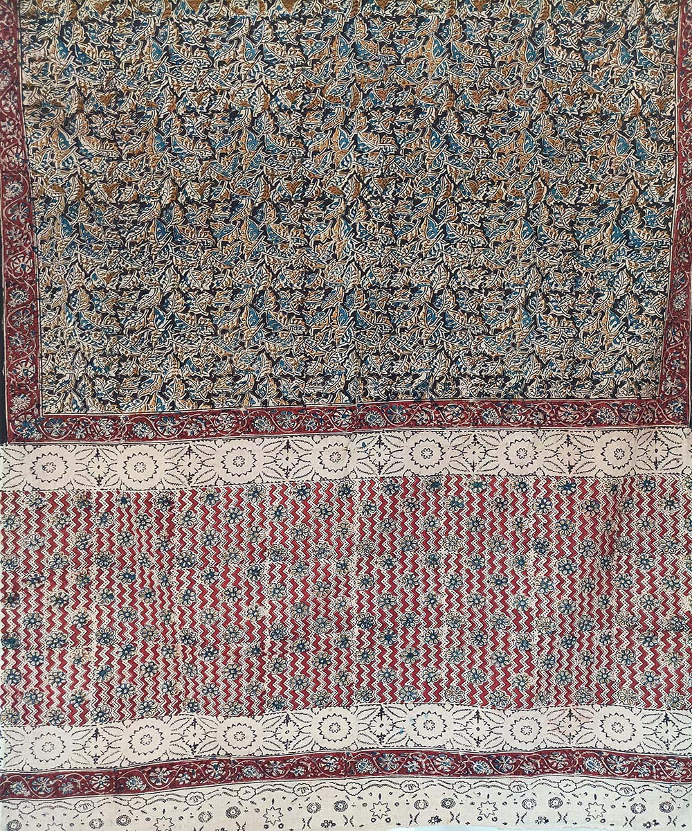 Offwhite red pallu kalamkari cotton hand printed saree