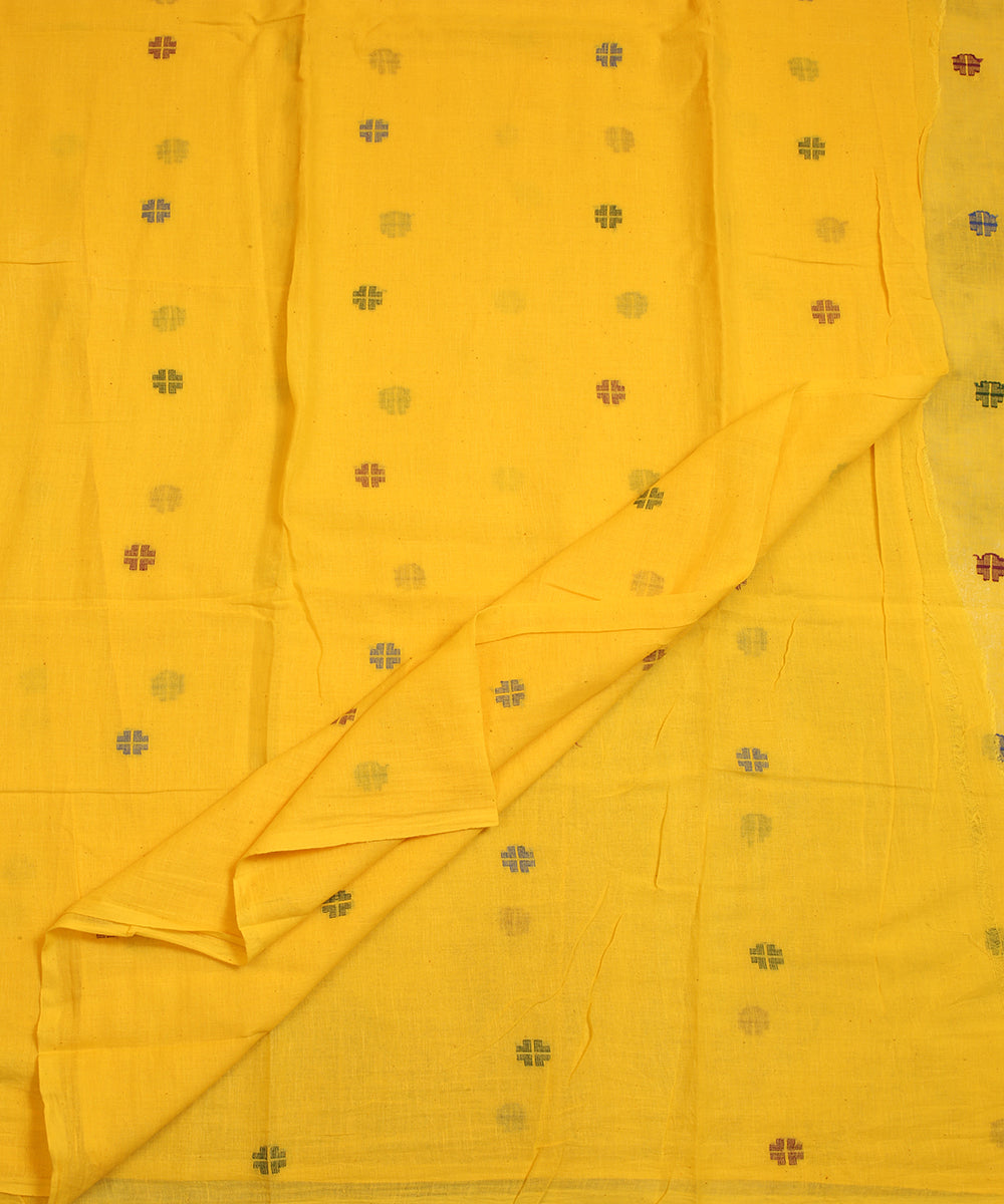 Yellow handwoven cotton geometric butti jamdani fabric