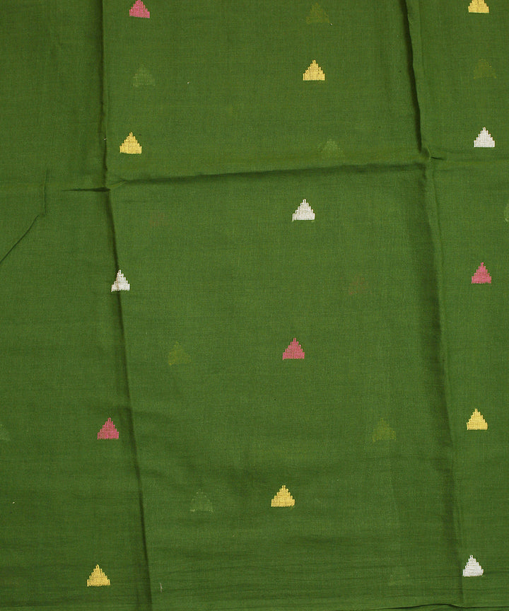 Olive handwoven cotton triangle motifs jamdani fabric