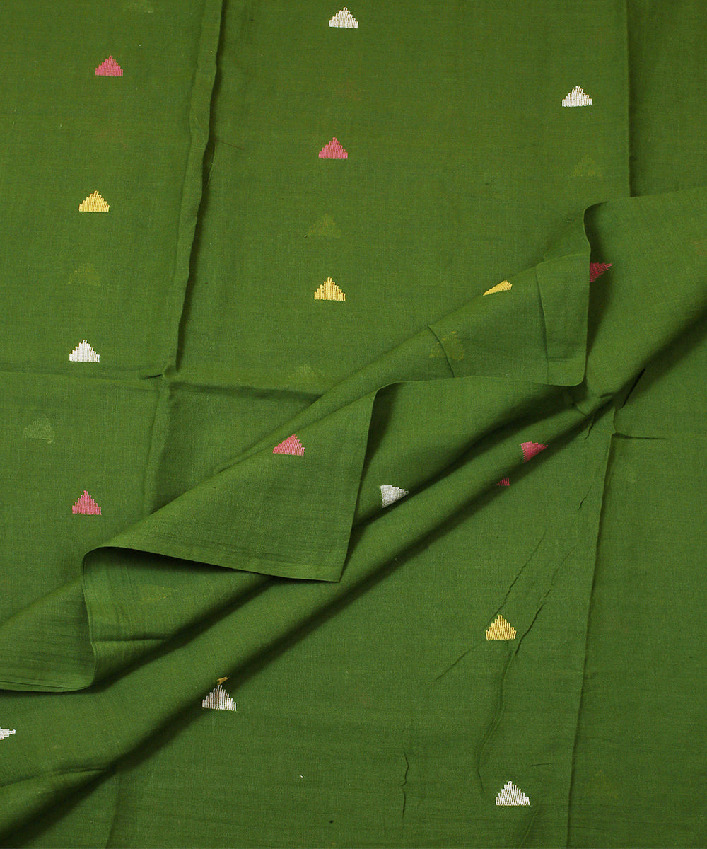 Olive handwoven cotton triangle motifs jamdani fabric