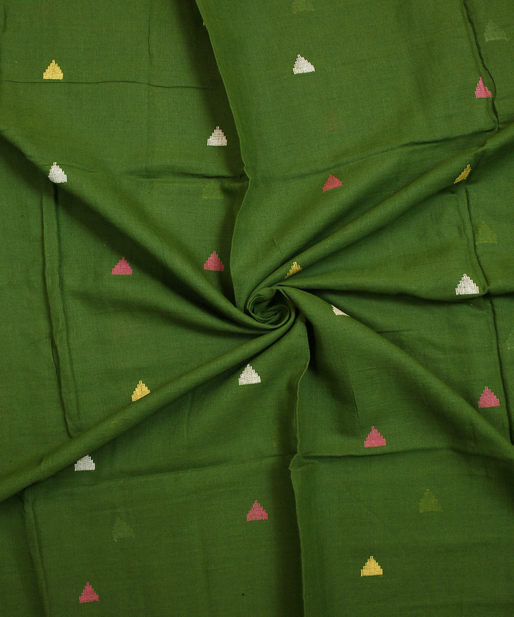 Olive handwoven cotton triangle motifs jamdani fabric