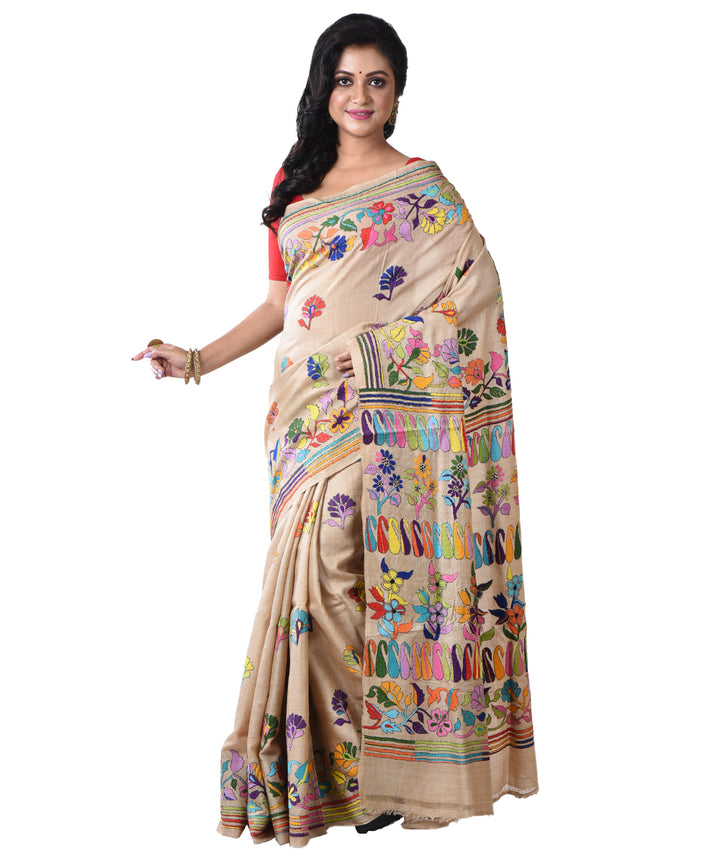 Beige multicolor pallu hand kantha stitched tussar silk saree